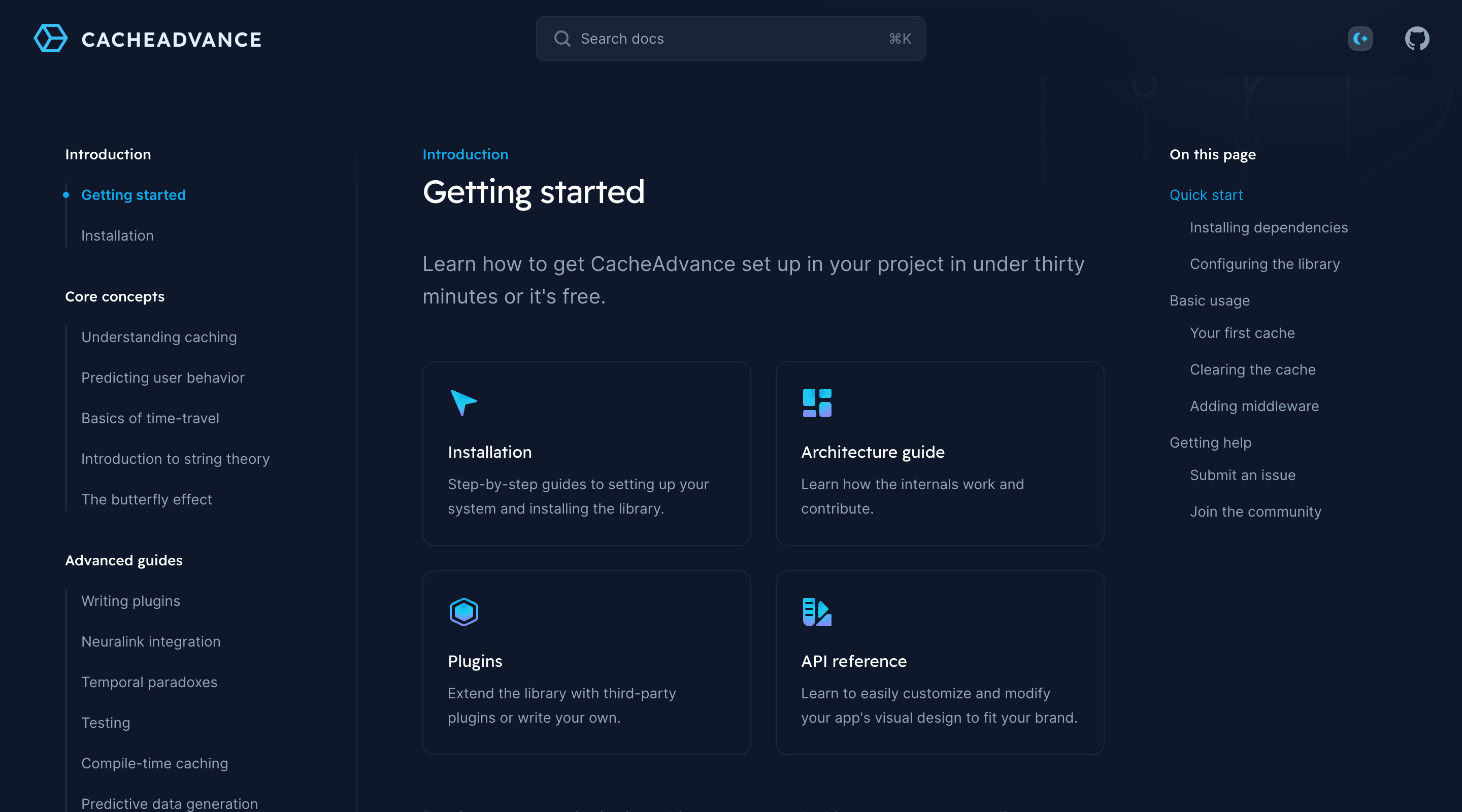 Screenshot of the Syntax Tailwind UI template. The header contains the CacheAdvance logo, a search bar, a theme toggle button, and a GitHub link. In the center of the screen is the main page content, with a heading, introduction paragraph, and four quick link blocks in a two-by-two grid layout. Each quick link has a stylized icon and short description. The content is flanked by two sidebars. On the left is the main site navigation and on the right is the current page table of contents.