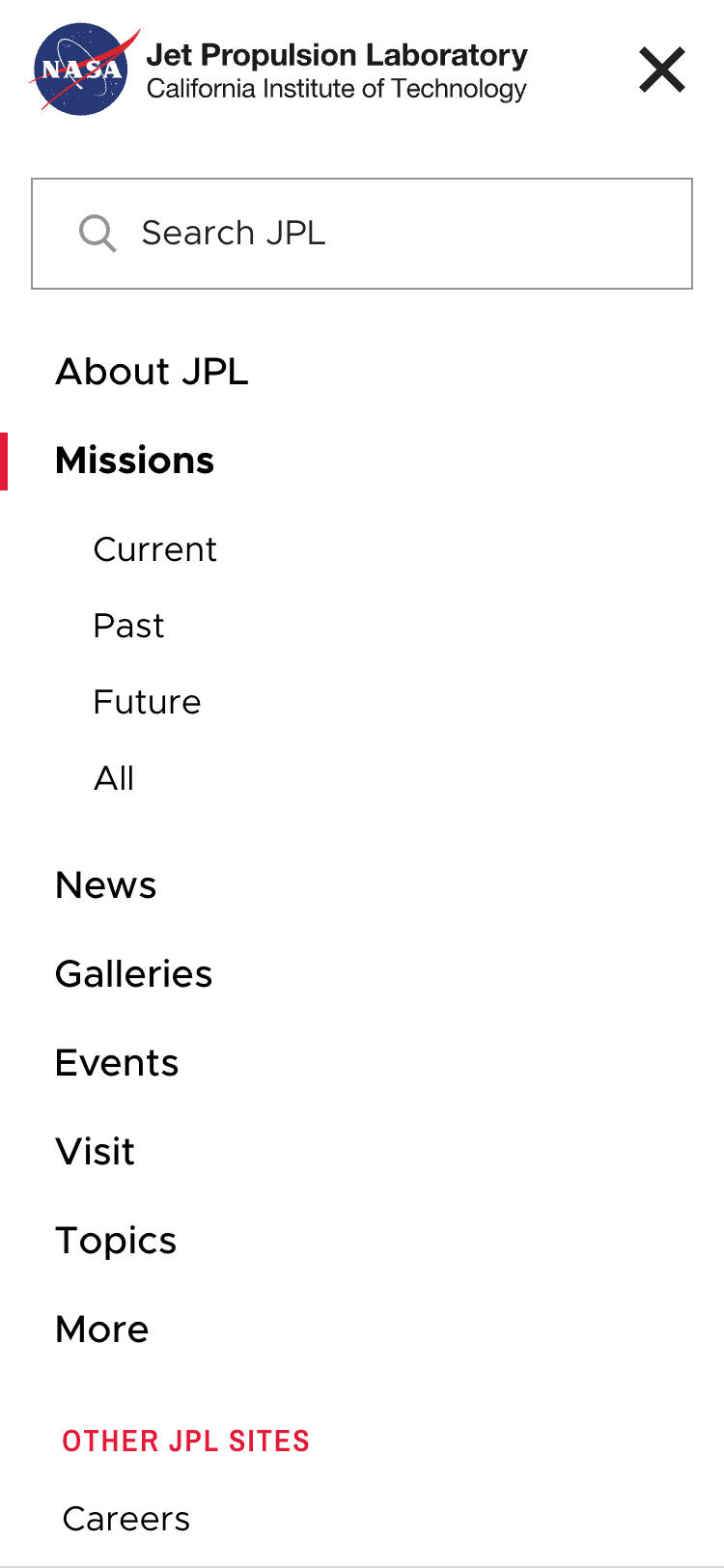 Mobile screenshot of the NASA Jet Propulsion Laboratory website's main navigation. The navigation covers the whole screen and contains a search bar and a list of pages. There is a close button in the upper right corner of the screen.